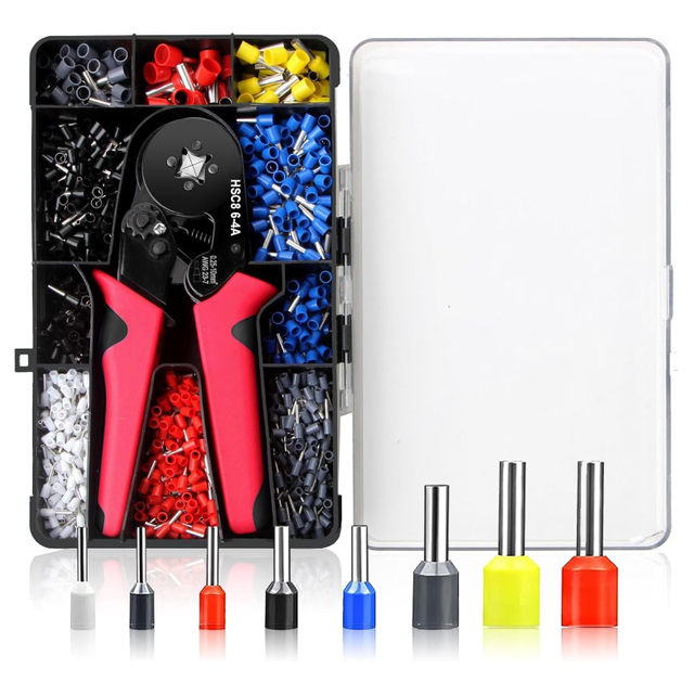 Kit de herramientas de engarzado de virola HSC8 6-4A para f&eacute;rulas de alambre AWG24-8, kit de engarzadora de virola de 1200 piezas con terminales de virola de extremo de cable de 8 tama&ntilde;os