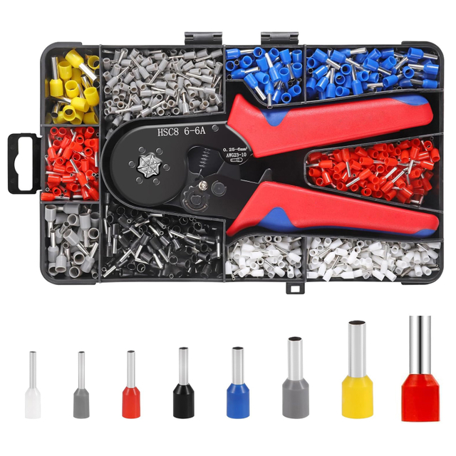 Kit d'outils de sertissage de virole FSE 1200 pi&egrave;ces avec pince &agrave; sertir hexagonale HSC8 6-6A bornes d'extr&eacute;mit&eacute; de fil isol&eacute;es